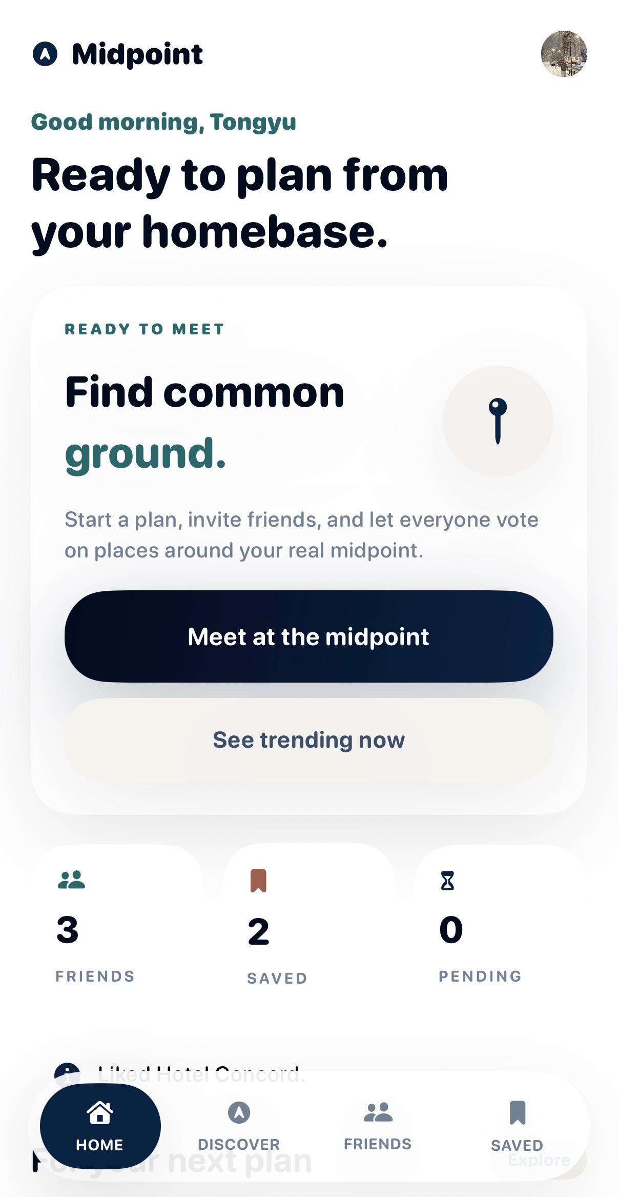 Midpoint home screen with meet at the midpoint card