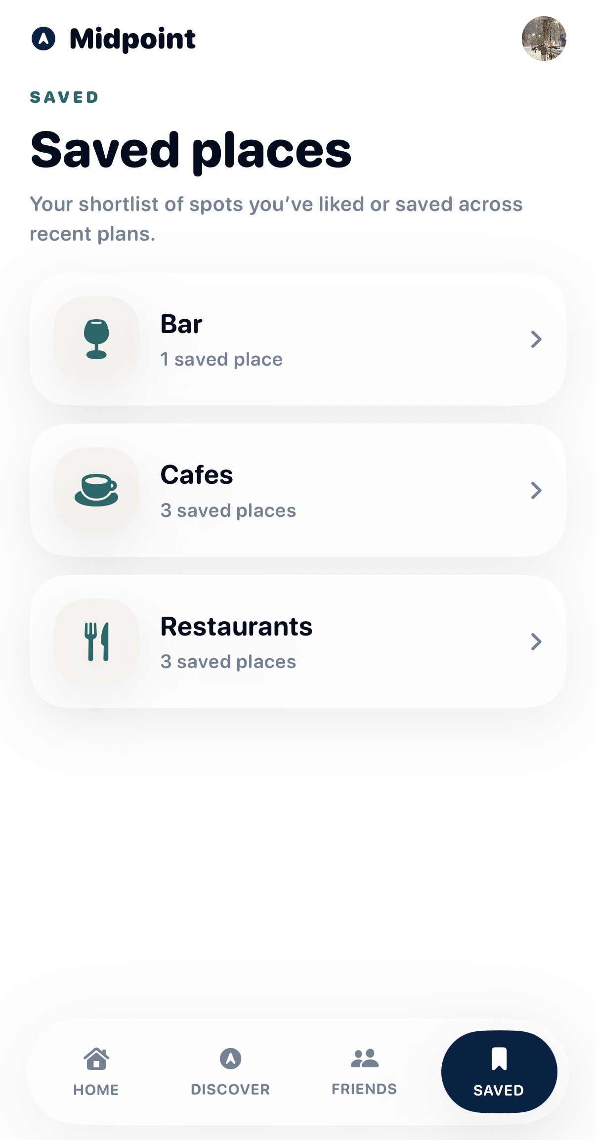 Midpoint saved places screen