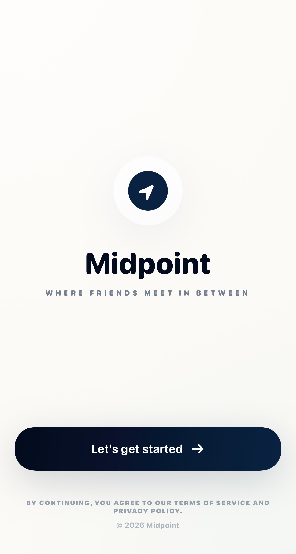Midpoint welcome screen with app logo and get started button